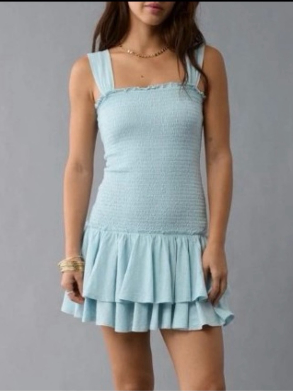 ⚡️NWT American Eagle Sunchaser Light Blue Smocked Ruffle Mini Dress